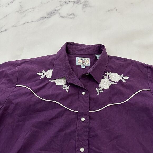 Ely Country Charmers Womens Vintage Western Shirt Size L Purple White Floral - Picture 2 of 11